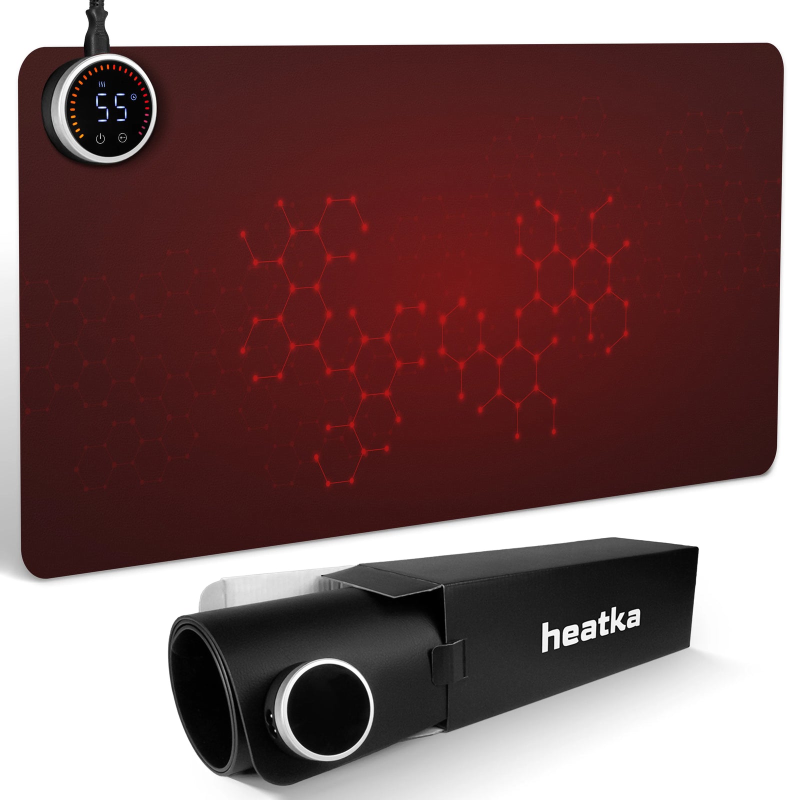 Heatka heating pad with digital display and packaging on a white background