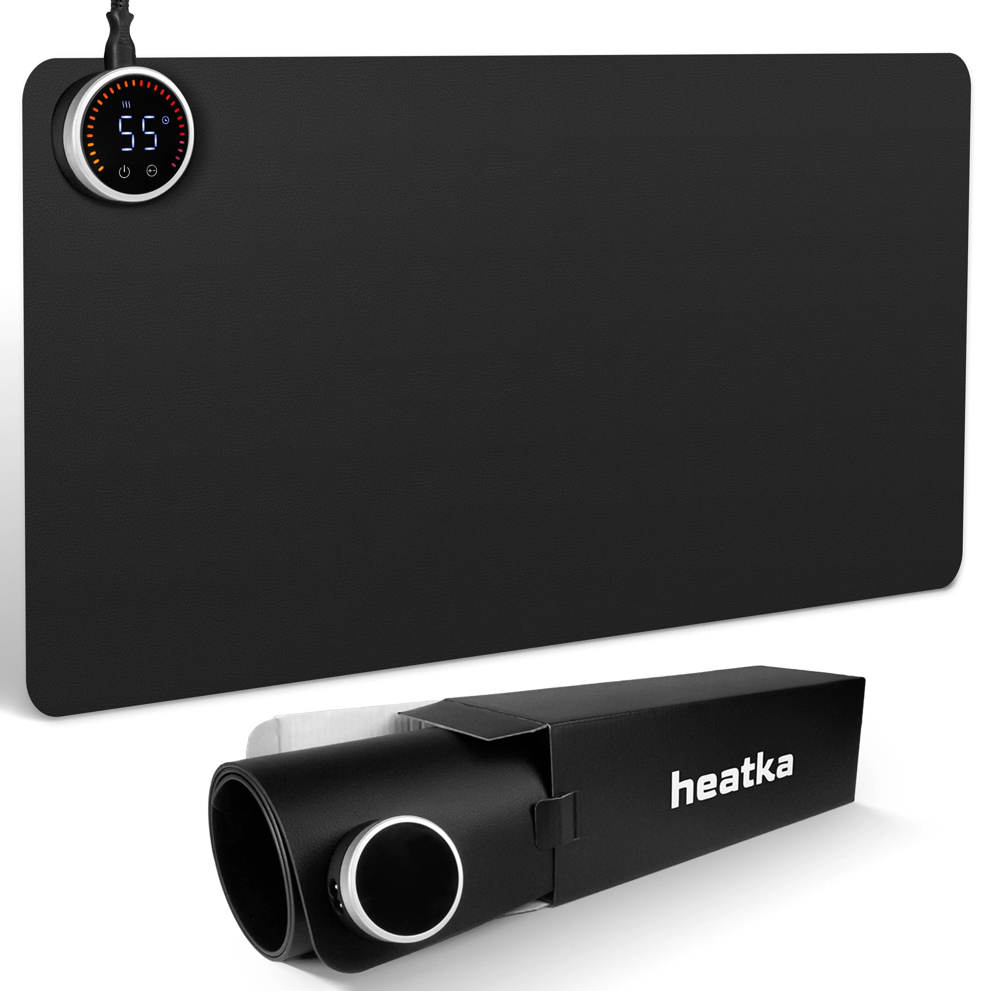 Black heatka heating pad with digital display and 'heatka' branding on a white background