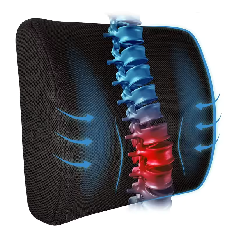 Black massage pillow with a spinal model showing muscle tension on a white background