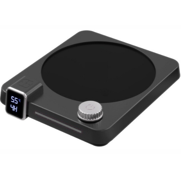 Black electronic device with digital display and control knob on a white background